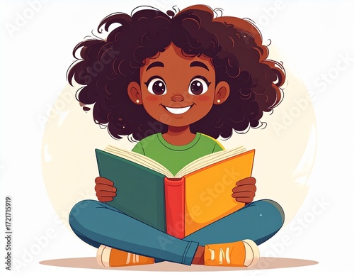Smiling girl reading a book with colorful cover sitting cross legged