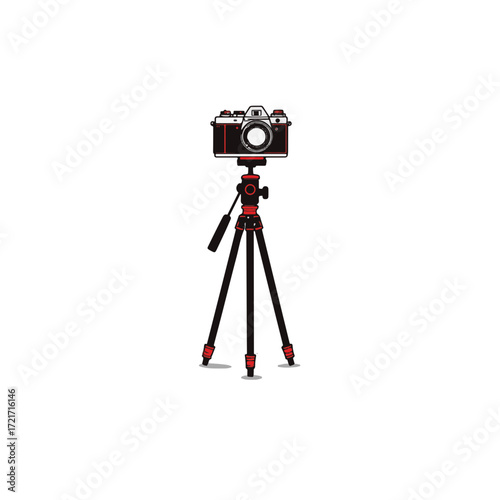 Black and white minimalist camera on tripod with red accents, creativity