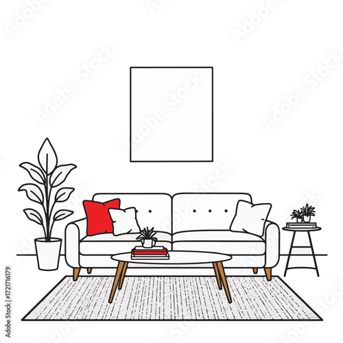Modern minimalist living room with red accents, stylish comfort