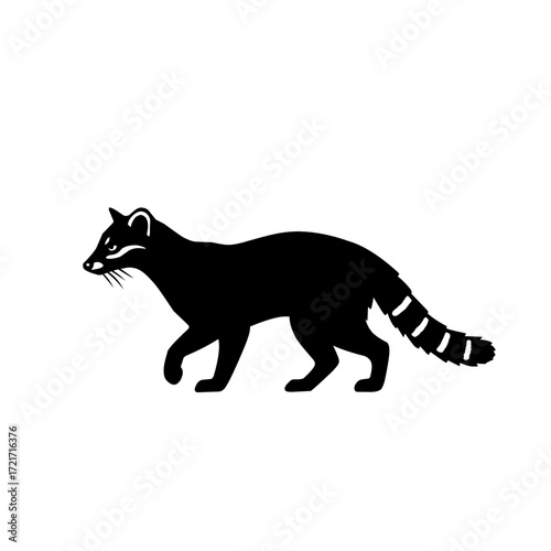 Vector silhouette of an Asian palm civet with facial mask and striped tail, black wildlife animal illustration, isolated design for jungle, tropical, or exotic theme