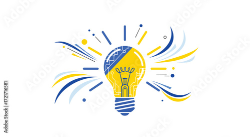 A glowing idea emerges from a lightbulb adorned with blue and yellow.