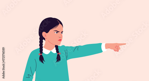 A young girl with pigtails points her finger in an angry gesture.