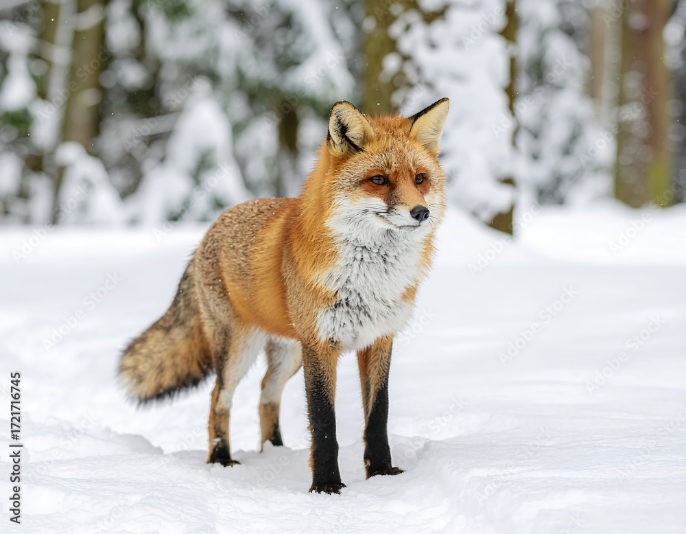 Fototapeta premium Wild red fox in snowy winter forest, alert stance with sharp fur details, wildlife close up photo
