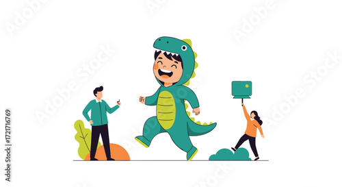 A cheerful child dressed as a dinosaur walks happily while two adults watch and hold screens.