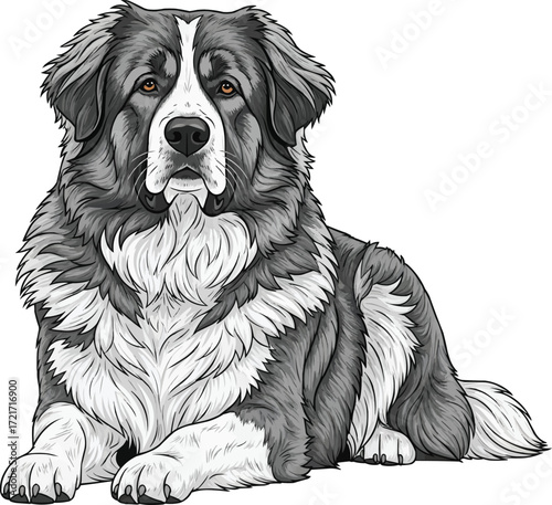 Caucasian Shepherd Dog lying down, relaxed facing front illustration