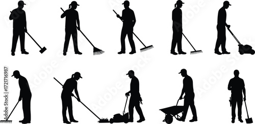 Silhouette of Garden Workers Using Tools, Raking, Mowing, Landscaping, Outdoor Maintenance, Manual Labor, Black Silhouette Icons on White Background
