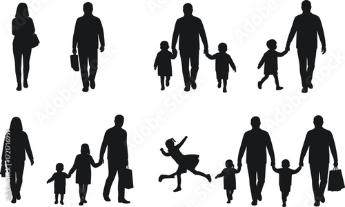 PrintFamily silhouettes walking together, parents with children, single mother, father with kids, child playing, parenting concept, childhood lifestyle illustration