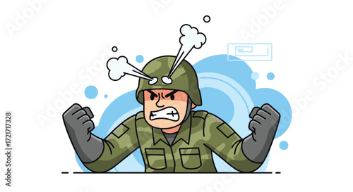 Angry soldier showing frustration and aggression with clenched fists and steaming head.