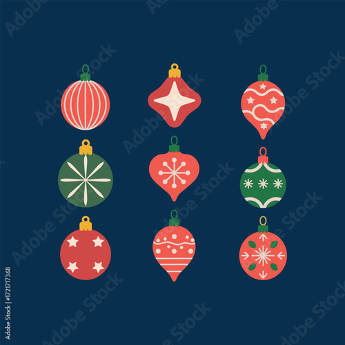 Nine flat design Christmas ornaments in red green and white on dark blue decoration bauble