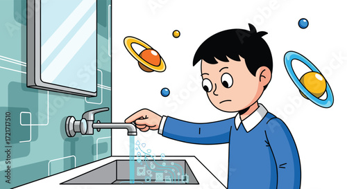 A young boy is turning on the water tap in the bathroom sink.