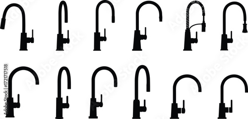 PrintModern kitchen faucet silhouette collection, plumbing water tap design set, household sink fixtures, interior utility, bathroom decoration, contemporary illustration icons