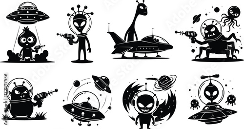 Alien illustration set, UFO, extraterrestrial, ray gun, spaceship, cosmic background, fantasy creatures, space adventure, black and white design