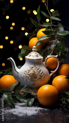 Bright orange tangerines with green foliage lie against a black background amidst snow. A white teapot stands among the fruit. A creative vertical sales concept for a New Year's campaign