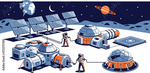 Astronauts connect modules at a futuristic lunar base powered by solar energy under starry sky