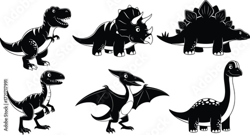 Cartoon dinosaur illustration set, T. rex, Triceratops, Stegosaurus, Velociraptor, Pteranodon, Brachiosaurus, prehistoric animals, kids design, black and white