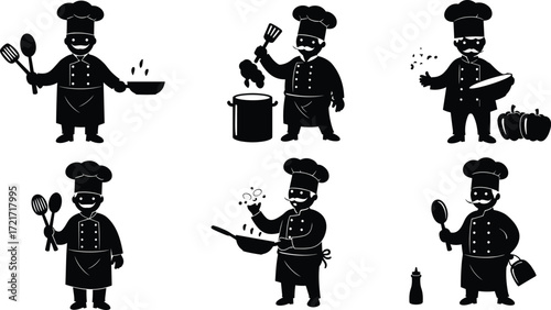 Chef illustration set, cooking poses, frying, stirring, seasoning, tasting, boiling, culinary arts, kitchen activity, black and white design