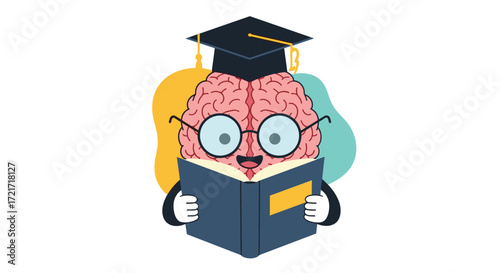 A happy brain wearing a graduation cap reads a book.