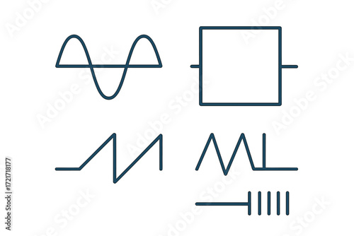 Electrical engineering symbols for sine, square, sawtooth, and pulse waveforms, used in signal representation and circuit diagrams
