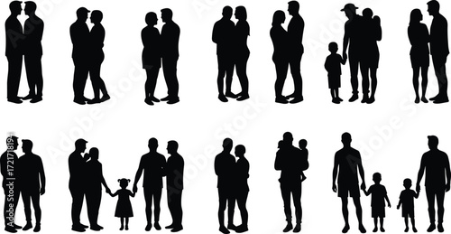 PrintSilhouette families and couples, parents holding children, people in love, unity, bonding, relationships, togetherness, lifestyle, community, happiness, illustration, vector