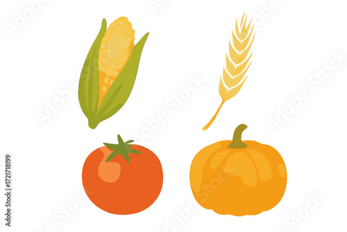 Autumn harvest season produce collection featuring corn, wheat, ripe tomato, and orange pumpkin on a clean white background