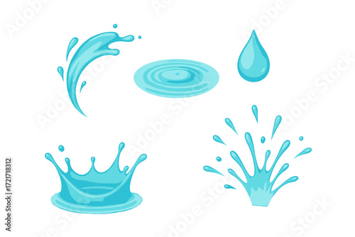 Dynamic water splashes, ripples, and a single falling drop illustrating various liquid movements and forms