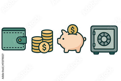 Financial icons: wallet, coins, piggy bank, safe for savings and investment