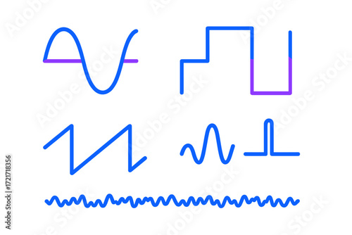 Collection of various electronic waveforms including sine, square, sawtooth, and pulse signals with noise patterns