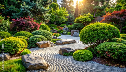 Tranquil zen garden bathed in sunlight