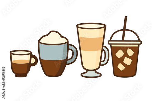 Assortment of popular coffee beverages including espresso, cappuccino, latte, and iced coffee served in various cups and glasses
