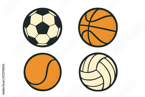 Set of four popular sports balls including soccer, basketball, tennis, and volleyball with vintage grunge effect