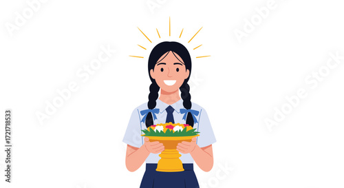 A happy young student is offering a tray of flowers and incense for a ceremony.