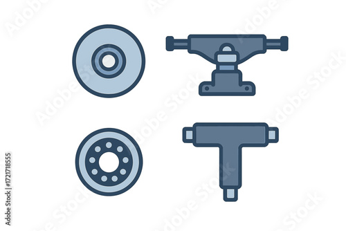 Essential skateboard components including wheels, trucks, and a specialized T-tool for assembly and maintenance