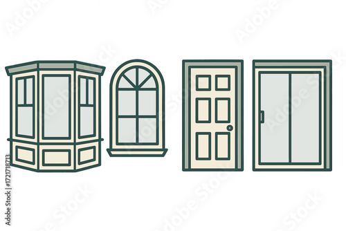 Architectural elements featuring a bay window, arched window, classic door, and modern sliding door
