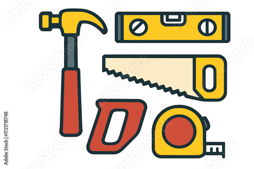 Essential hammer, hand saw, spirit level, and tape measure for construction, carpentry, and home repair projects