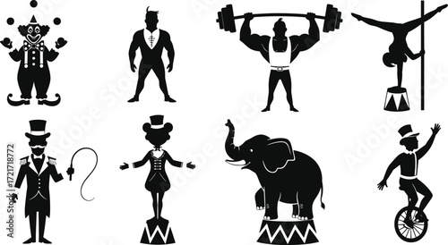 Circus illustration set, clown, strongman, weightlifter, acrobat, ringmaster, magician, elephant act, unicyclist, carnival entertainment, black and white design