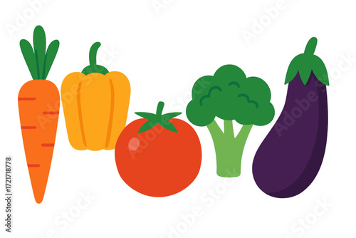 Colorful fresh organic vegetables: carrot, bell pepper, tomato, broccoli, eggplant for healthy eating and diet