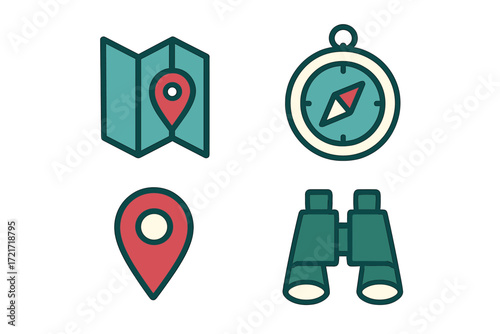 Collection of essential travel and adventure symbols including a folded map, directional compass, GPS pin, and field binoculars for outdoor exploration