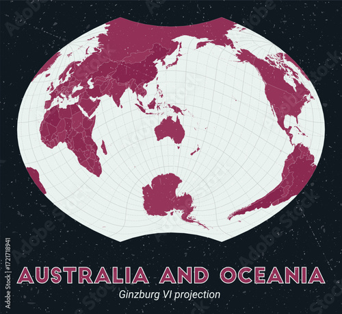 Australia and Oceania. World map. Ginzburg VI projection centered to Australia and Oceania. Pale Mint Dark Pink palette. Vintage texture. Creative vector illustration.