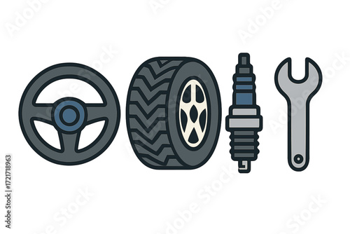 Automotive repair tools and car parts including steering wheel, tire, spark plug, and wrench for vehicle maintenance