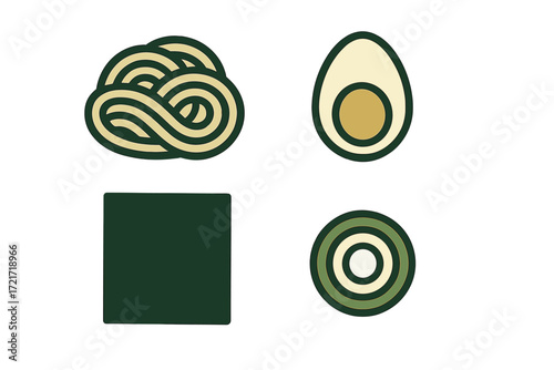 Minimalist ramen ingredients featuring golden noodles, a perfectly halved boiled egg, dark green nori seaweed, and fresh green onion slices