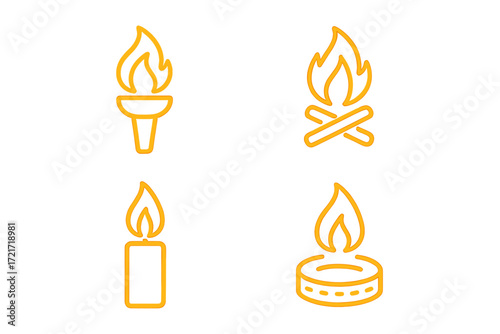 Collection of fire and light source icons including torch, campfire, candle, and small burner symbols