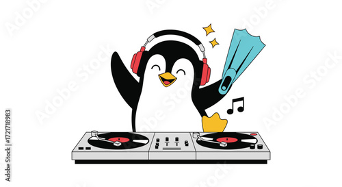 A happy penguin wearing headphones is dancing while mixing music on a turntable.