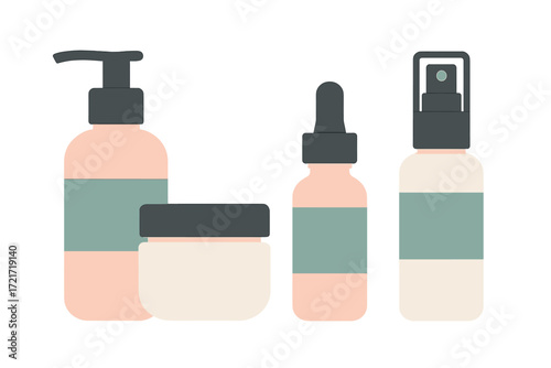 Collection of various cosmetic and skincare product containers for beauty and personal care routine and wellness