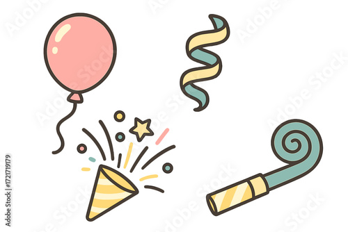 Colorful festive celebration elements with balloon, party popper, confetti, streamer, and horn for events and holidays