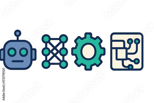 Artificial intelligence robotics neural network computing and engineering technology icons set for modern digital concepts