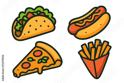 Collection of popular fast food items featuring a delicious taco, classic hot dog, cheesy pizza slice, and crispy french fries