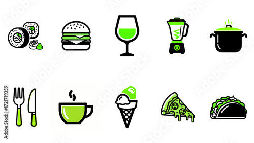Food and drink icon set in a vibrant green and black color palette.