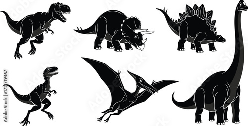 Dinosaur illustration set, T. rex, Triceratops, Stegosaurus, Velociraptor, Pteranodon, Brachiosaurus, prehistoric animals, fossil creatures, black and white design