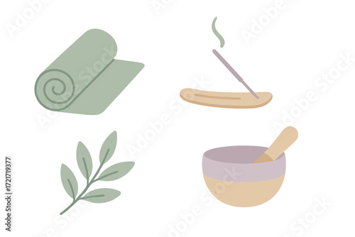 Collection of serene wellness and self-care objects with yoga mat, aromatic incense, green plant, and mixing bowl for relaxation