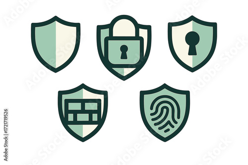 Digital security data protection shield icons set with padlock keyhole firewall fingerprint symbols for online safety